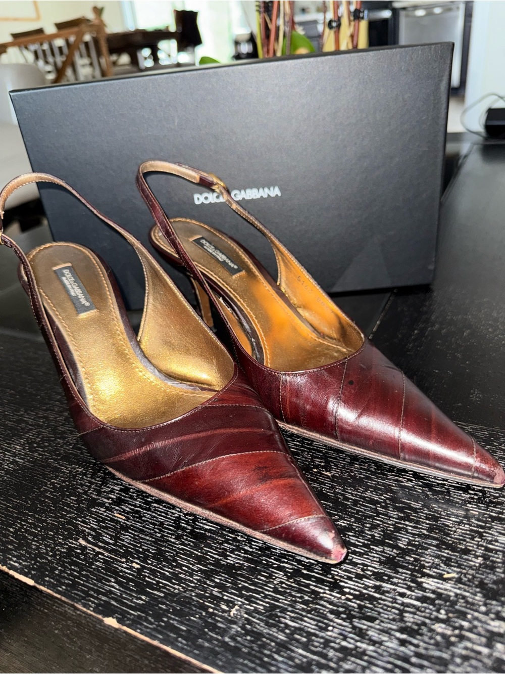 Dolce & Gabbana Burgundy Leather Pointed Slingback Heels